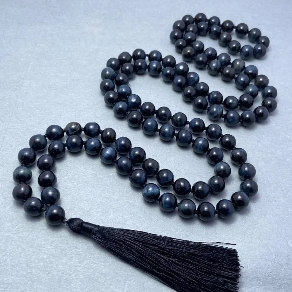 

Natural Blue Tiger's Eye 108 Mala Beads Necklace with Black Tassel Intuition & Protection Healing Crystal Jewelry