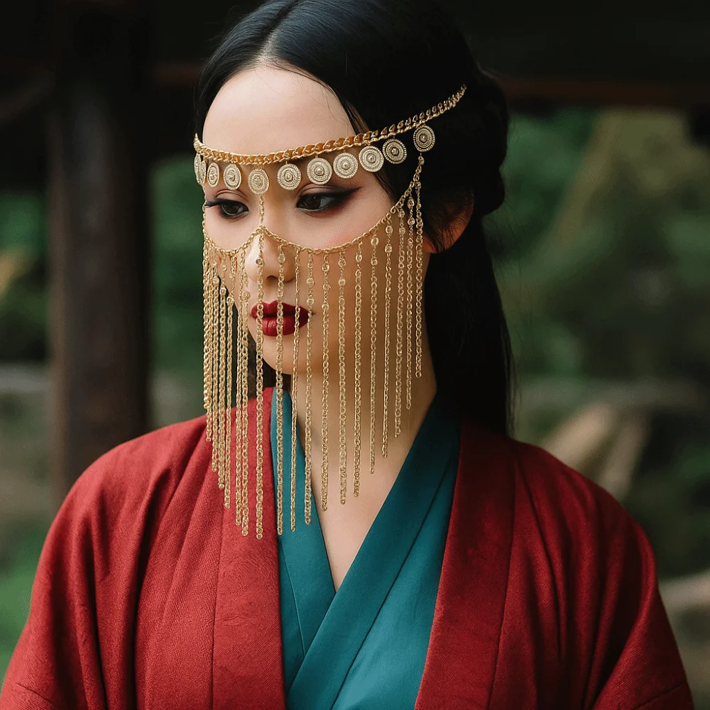 

Face Decor Coin Bell Belly Dance Face Veil Gold Ethnic Style Curtain Head Chain Boho Rhinestone Masquerade Mask Women