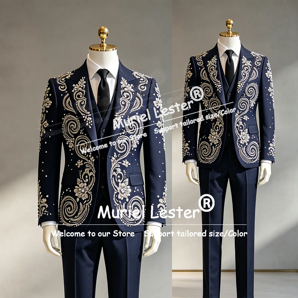 Terno masculino com cristais deslumbrantes para casamento, jaqueta de um botão, calças, conjunto de 2 peças, smoking para noivo, slim fit, terno masculino