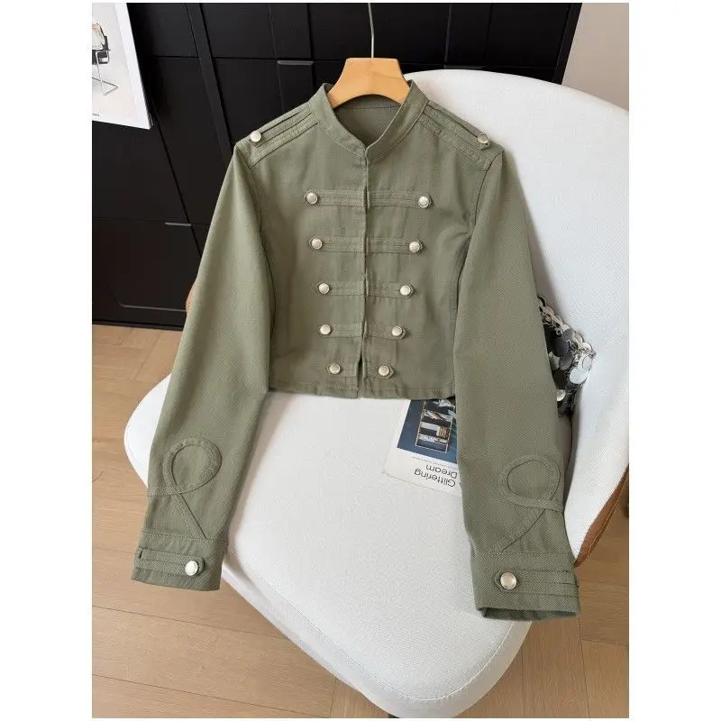 Autumn New Fashionable Versatile Solid Color Button Decoration Slim Stand-up Collar Long-sleeved Jacket Short Top Women