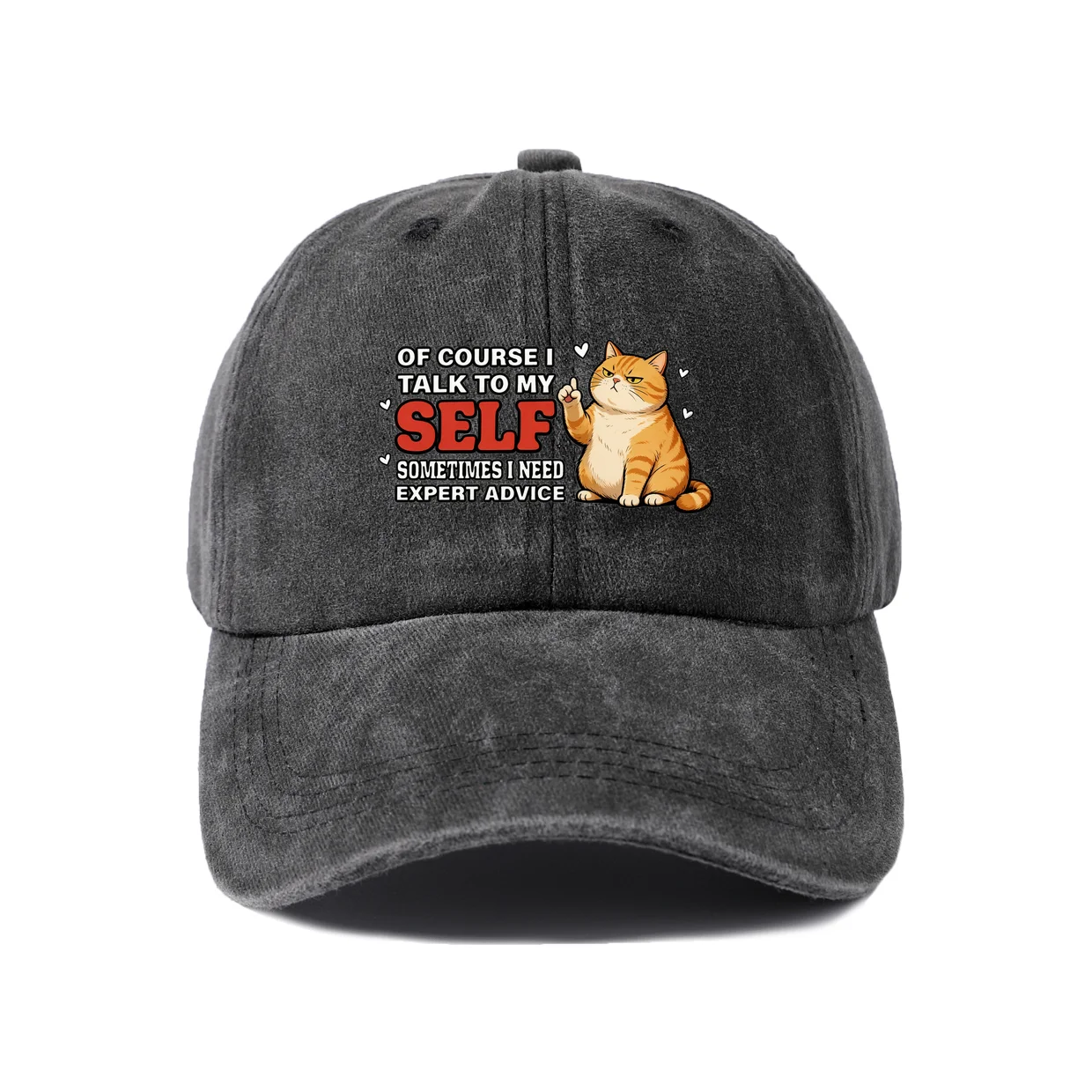Of Course I Talk To Myself Cat Vintage Washed Baseball Cap, Adjustable Unisex Dad Hat, Everyday Gift