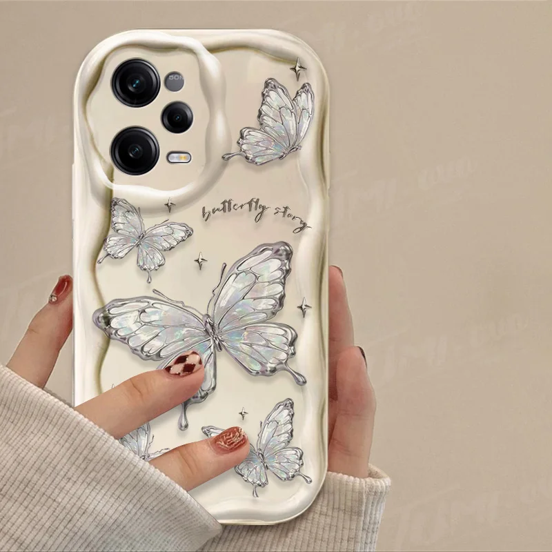 Glitter Metal Butterfly 3D Wave Case For Xiaomi Redmi Note 13 12 11 Pro Plus 4G 5G 12S 11S 10 10S 9 9S 8 13C 12C 10C Turbo 3