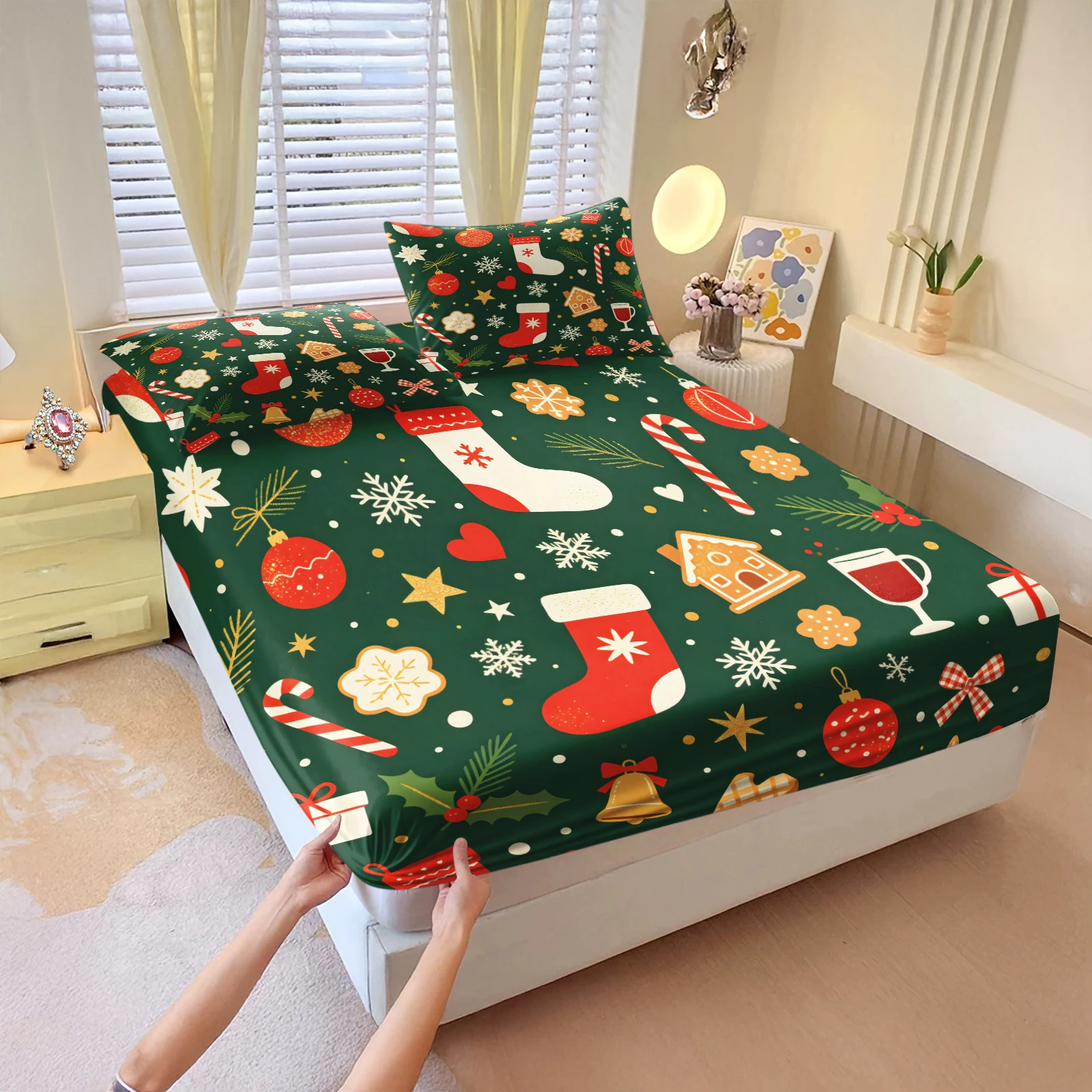 Holiday Christmas Fitted Sheet Set Xmas Stocking Snowflake Gingerbread Pattern Elastic Mattress Cover Bedding with Pillowcases