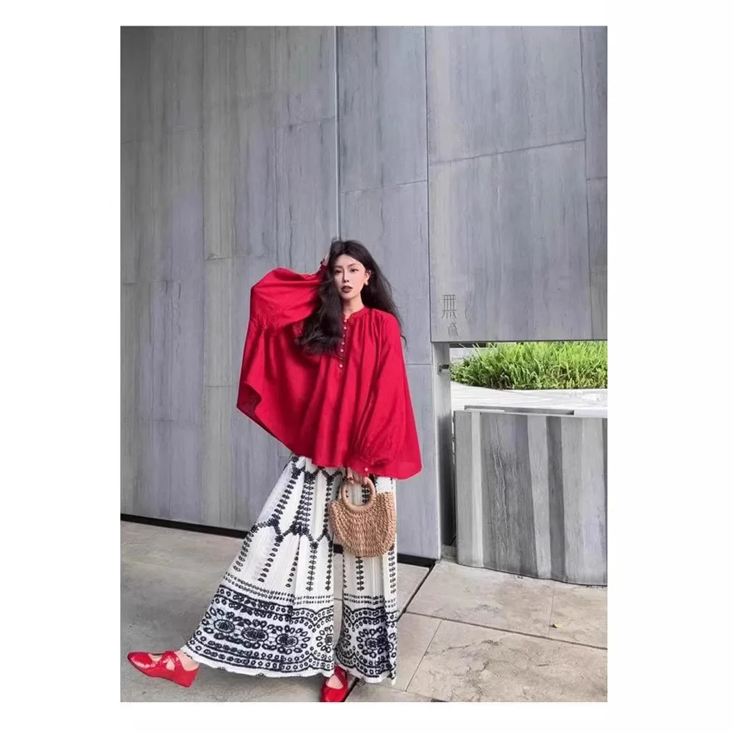 مياكي مطوي السراويل واسعة الساق للنساء نمط العرقية المألوف ومتعدد الاستخدامات المطبوعة عالية الخصر تدلى سراويل تقليدية