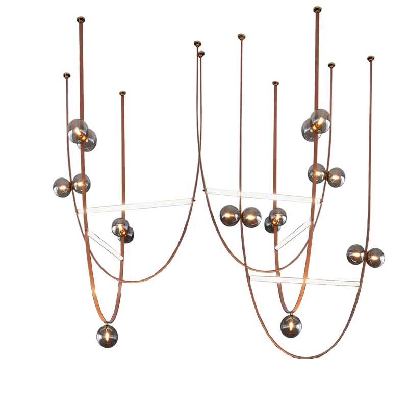 Post-modern Luxury Brown Glass Ball Long Chandeliers Modern Designer Minimalist Easy Installation Leather Chandelier For Foyer