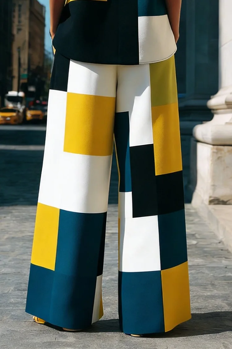 Yeezzi 2026 New Summer Geometric Color Block Wide Leg Pants Women High Waisted Loose Contrast Color Pockets Chic Casual Trousers view 2
