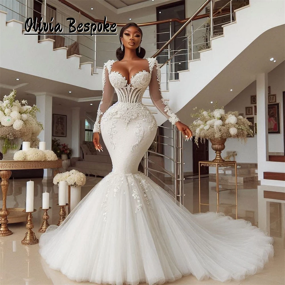 

Alluring Long Sleeves Wedding Dresses 2024 Bride Mermaid Aso Ebi Lace Appliques White Tulle Train Bridal Gown vestido de novia