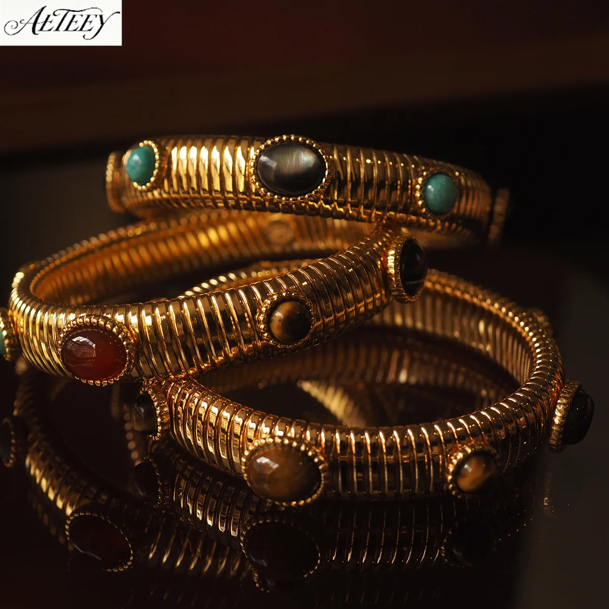 AETEEY Niche Spring Elastic Bangle Inlaid Turquoise Red Agate Fashion Women Wrist Jewelry