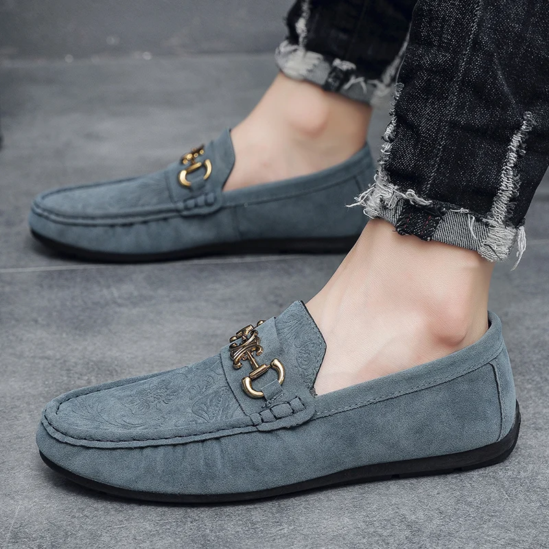 Mocassim de couro artesanal masculino, sapato liso azul, mocassins clássicos, sapato de pilotagem confortável, sapato casual masculino, na moda