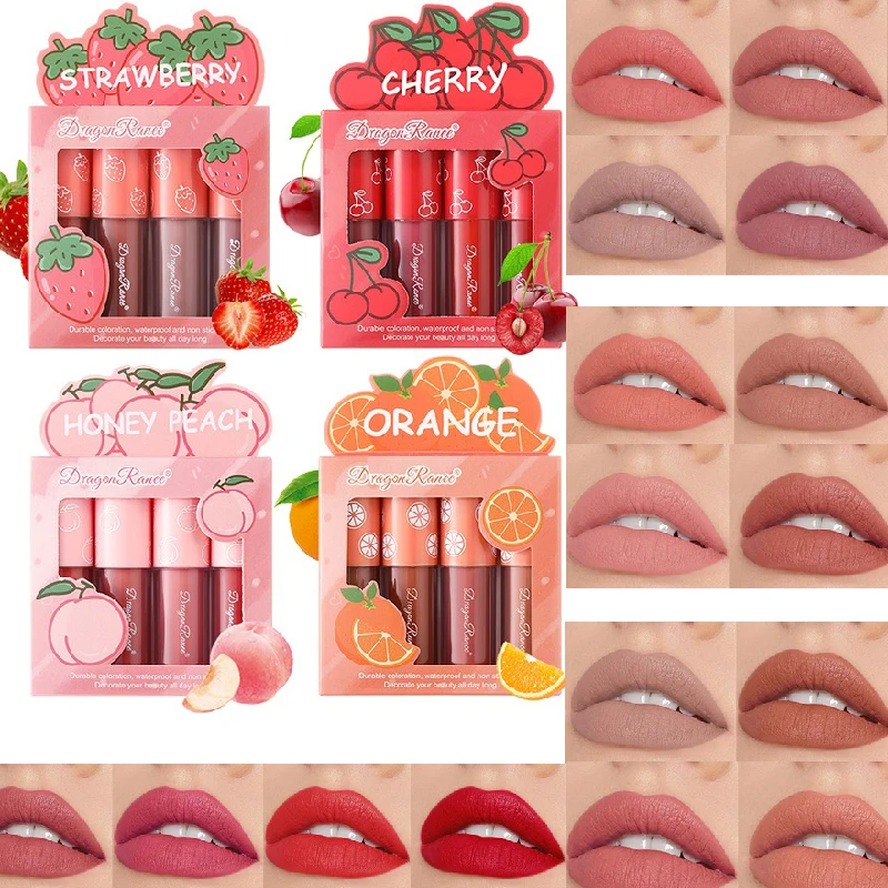 4 ชิ้น/เซ็ต Mini Velvet Matte Lip Gloss Non-Stick Cup ลิปสติก Long-Lasting Fruit Scented Lip Tint Lip Glaze Lips แต่งหน้าเครื่องสําอาง