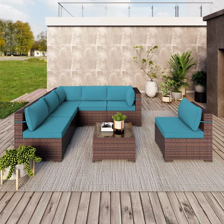 7 Pieces Outdoor Patio Sets, Modern PE Wicker Furniture Patio Set, Conversation Sofa Sets with 6 Chairs, Coffee Table, Cushion