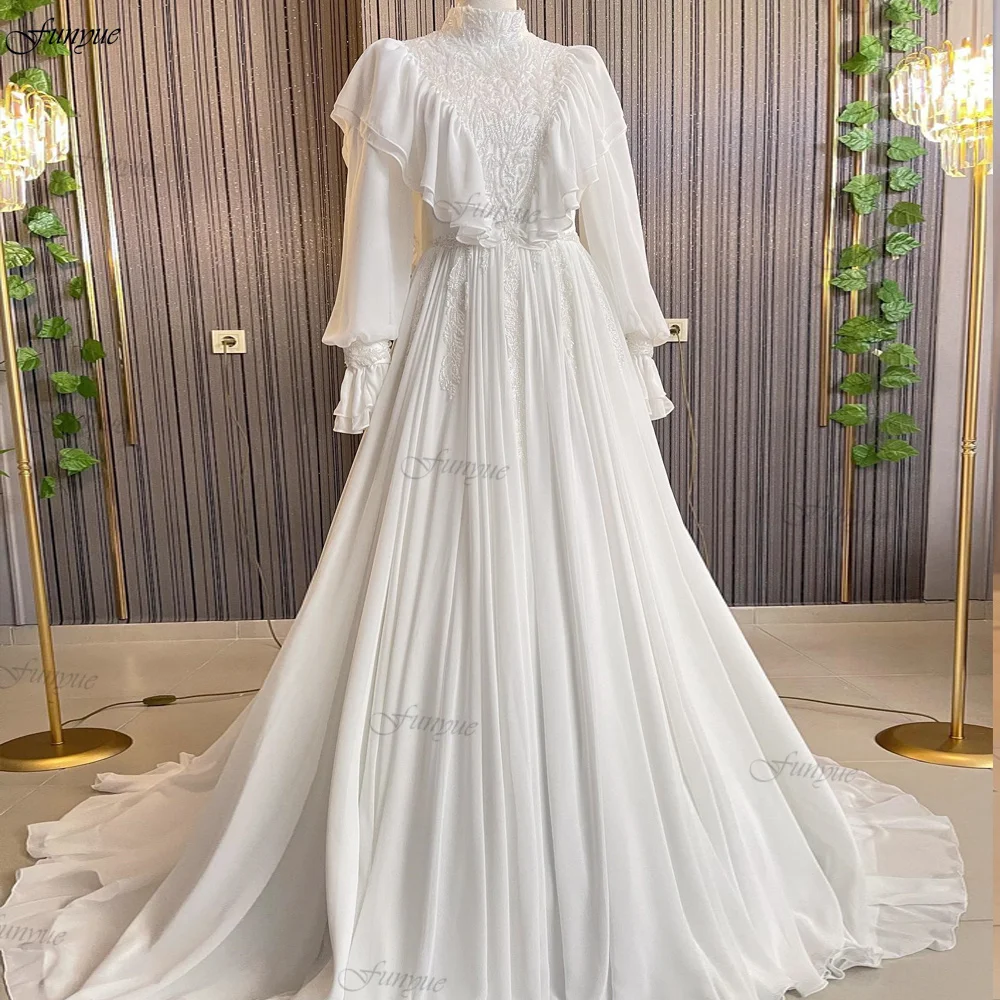 

Luxury High Neck Dubai Muslim Wedding Dresses for Bride 2024 Long Sleeve A-Line Beading Chiffon Bespoke Princess Bridal Gowns