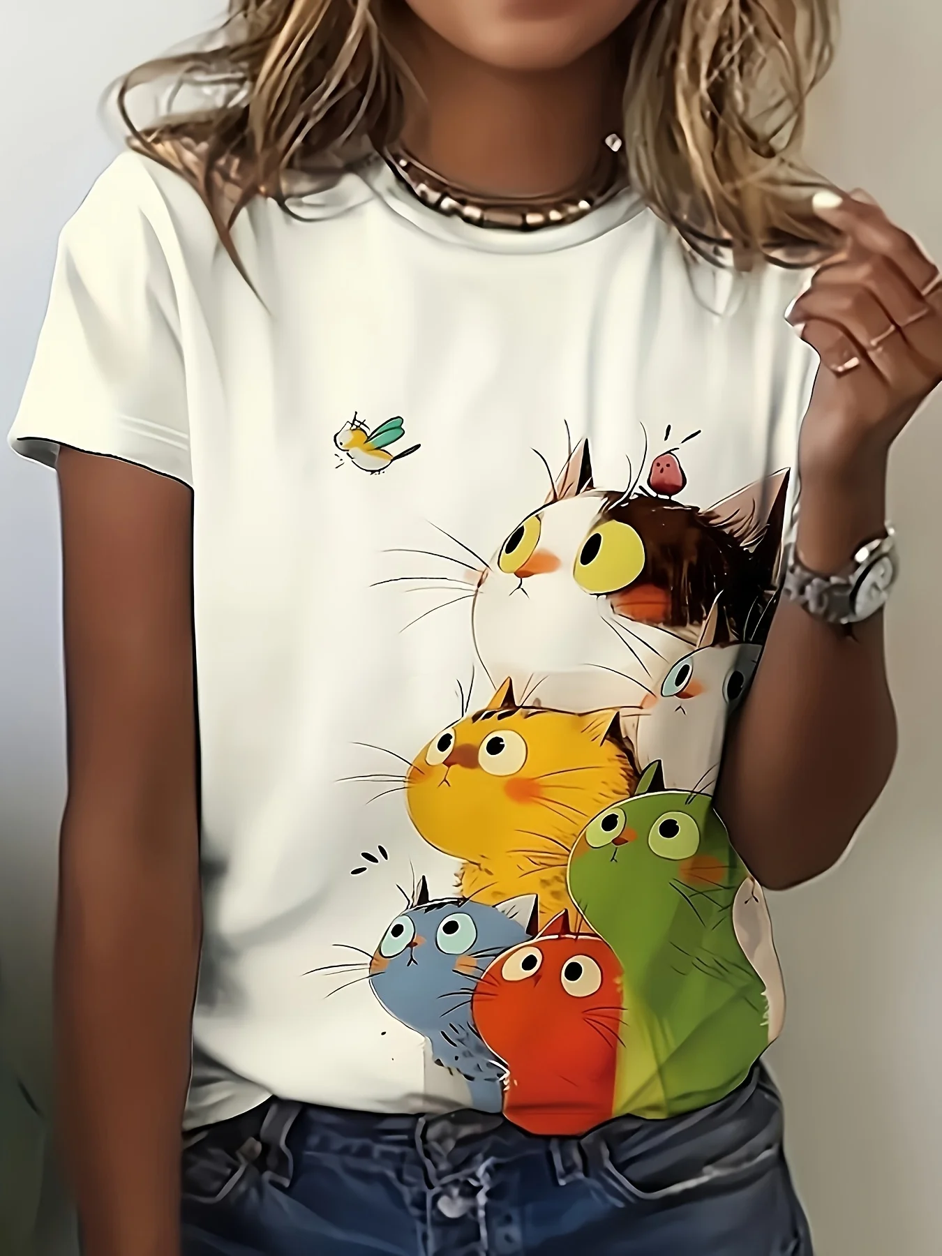 Colorful Stacked Cats Women's Tee - Cute Cartoon Feline Graphic, Playful Print for Casual Daily Wear