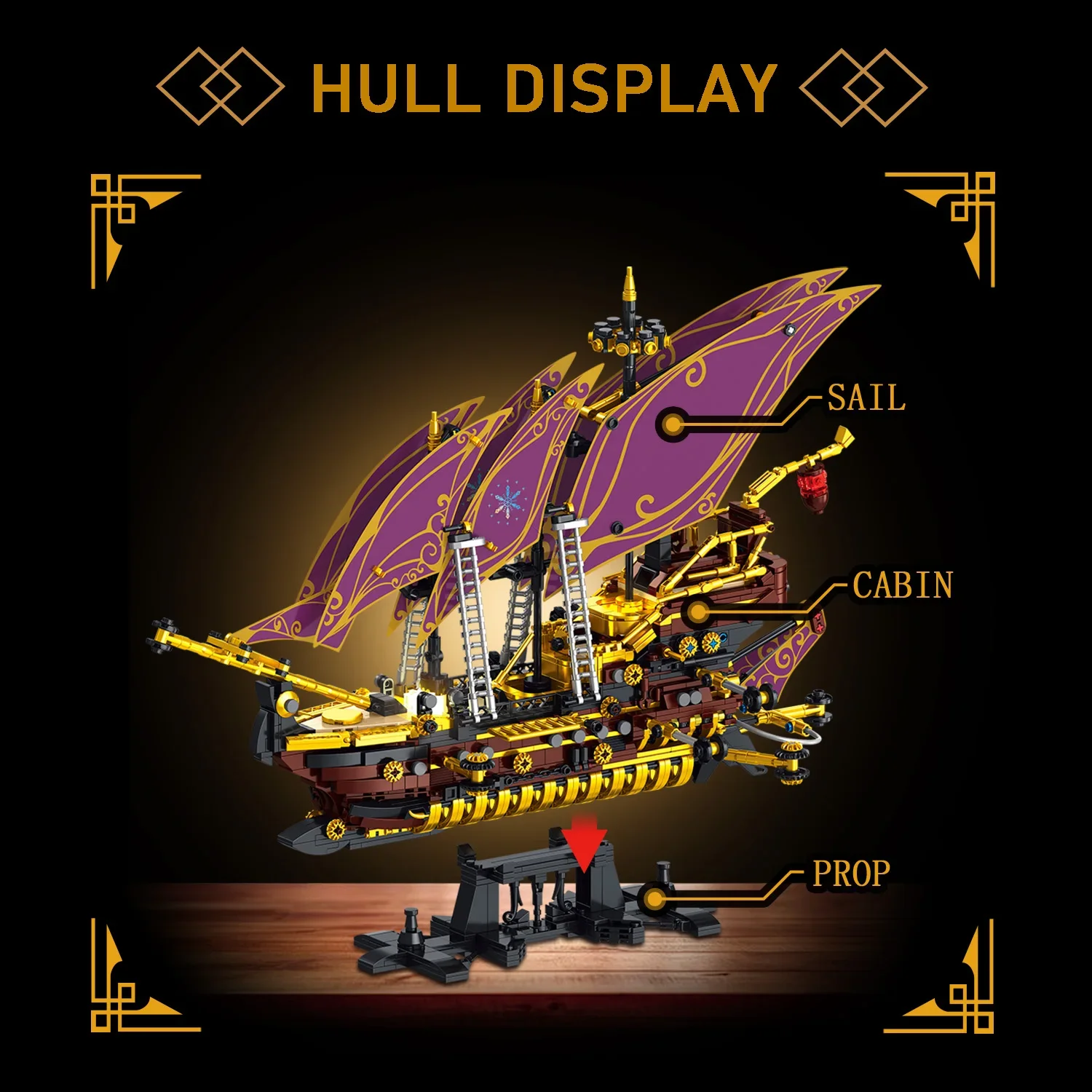 2077 Uds. Barco pirata púrpura, juguetes de bloques de construcción, modelo de barco pirata, montar rompecabezas, ladrillos, juegos de juguetes para chico, regalos de adorno de escritorio