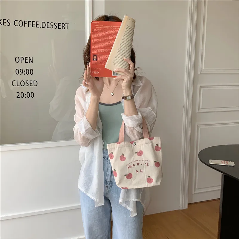 Cute Peach Purse Handbags for Women Summer Canvas Ladies Mini Tote Shopper Shoulder Bags Lovely Female Picnic Lunch Bento Bag