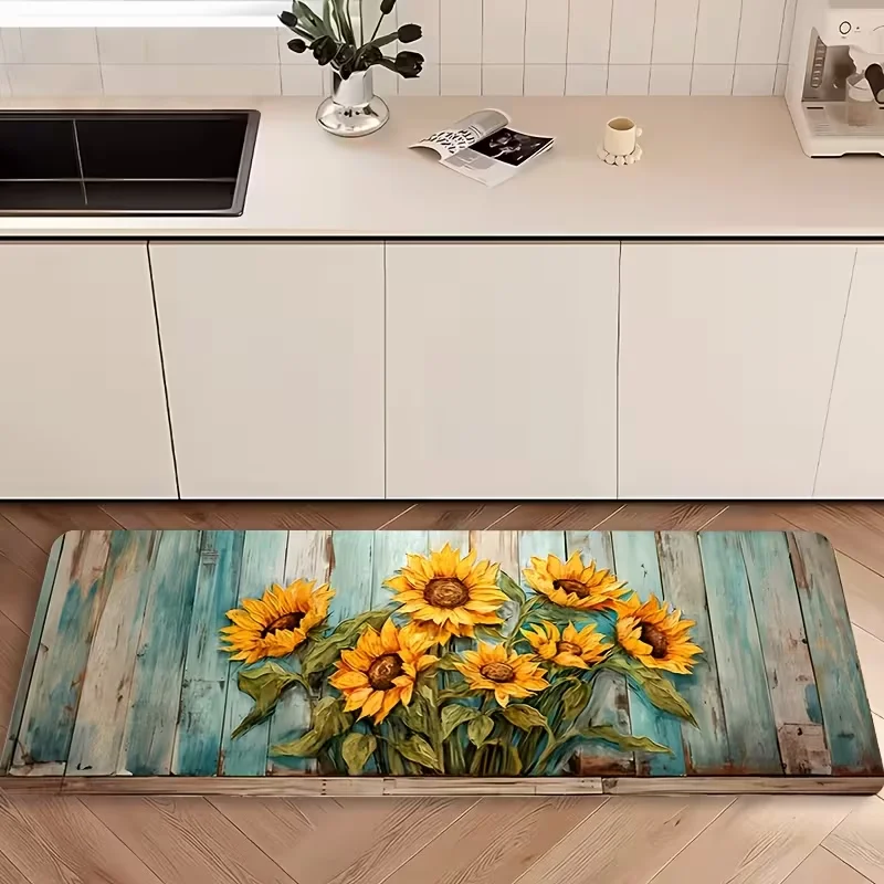 Vintage Wood Plank Sunflower Kitchen Runner Rug Anti Slip Floor Mat Farmhouse Home Decor Cooking Area Long Carpet