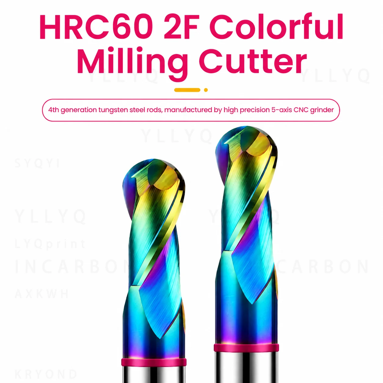 HRC60 2 Flute Carbide Ball Nose End Mill Colorful Coated Tungsten Steel CNC Milling Cutter for Aluminum High Precision Machining
