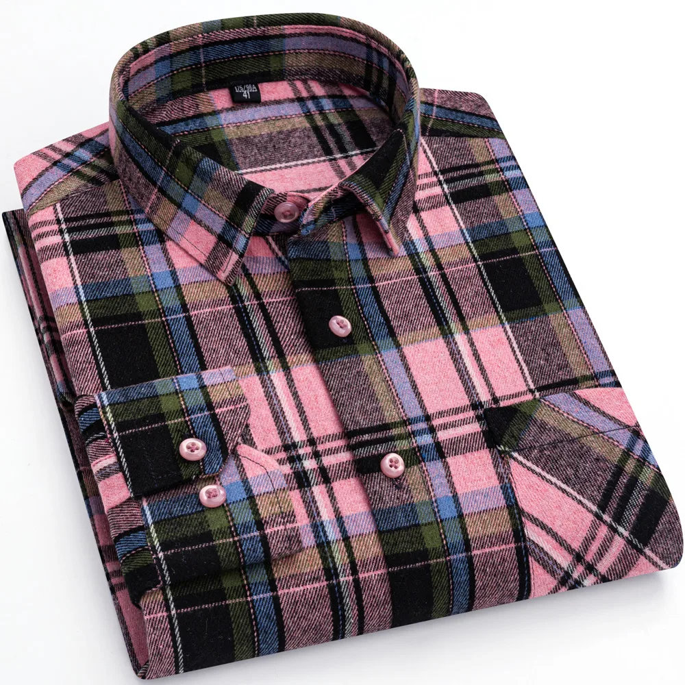 100% Pure Cotton Men's Plaid Shirt Long Sleeve Regular Fit Leisur Vintage Streetwear Elegant Soft Slim Fit Single Patch Pocket