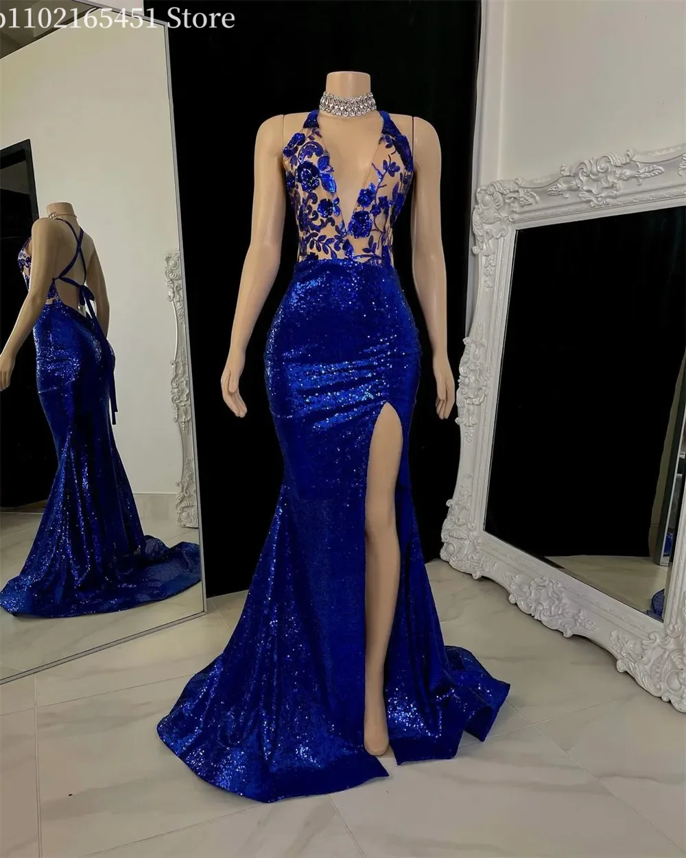 

Royal Blue Glitter Sequins Applique Prom Dresses aso ebi Side Split Mermiad Evening Dress For Black Girls Graduations Gown