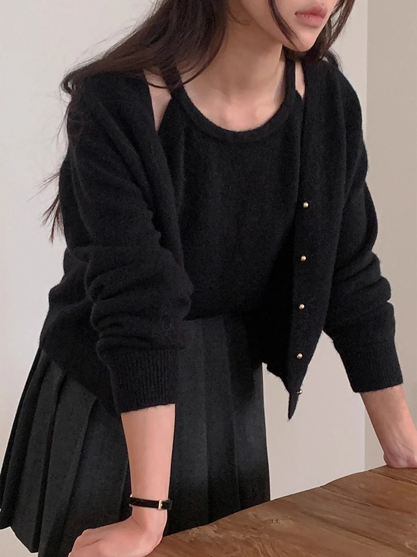 Modny zestaw: kardigan i kamizelka z dzianiny dla kobiet, długi rękaw, okrągły dekolt, wysoki stan, styl do pracy, kolekcja jesień 2025