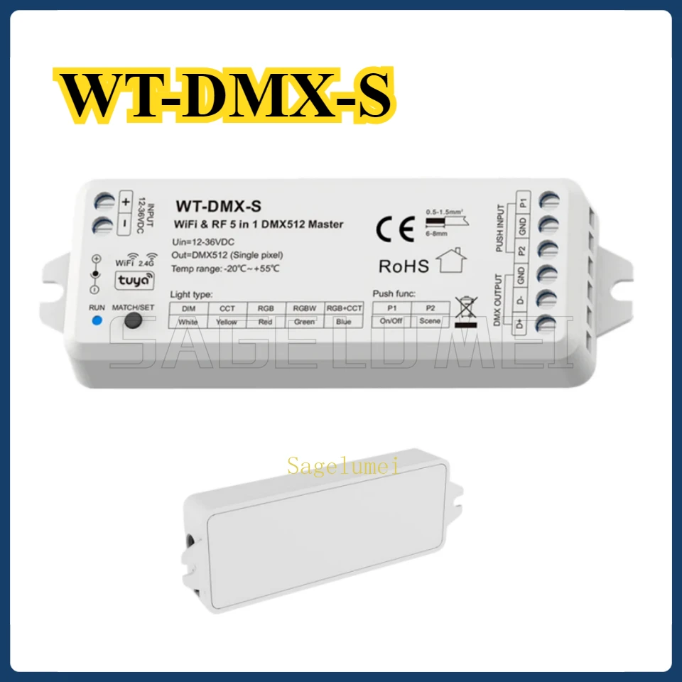 

WT-DMX-S WiFi & 2.4G RF 5 in 1 DMX512 Master Tuya APP Voice Controller For RGB RGB+CCT Color Temperature Brightness LED Light