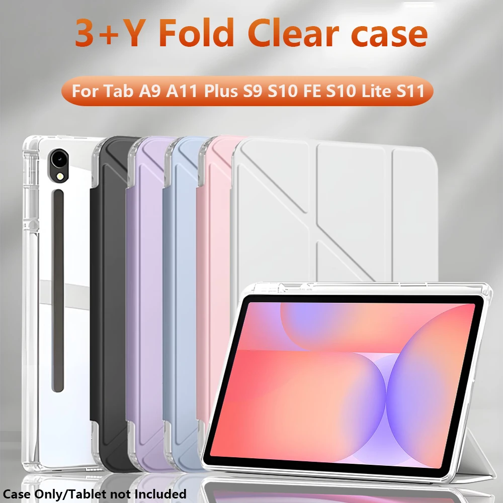 Y Fold Clear Acryl-Schutzhülle für Samsung Galaxy Tab A9 A11 Plus S9 S10 FE S10 Lite S11 mit Stifthalter und Auto-Sleep/Wake-Funktion