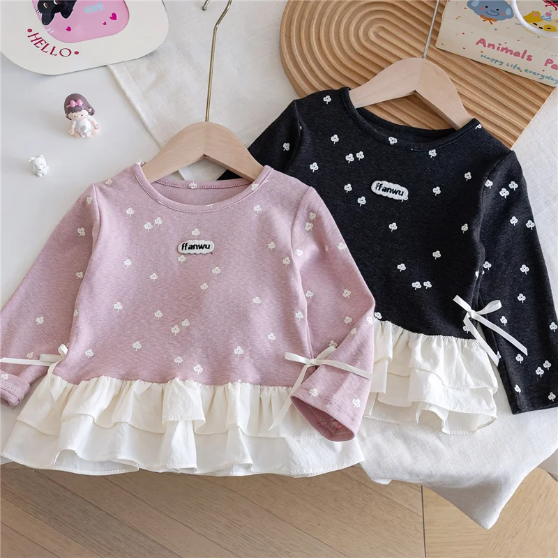 

Girls Long Sleeved T-shirt Spring Autumn New Patchwork Lace Versatile Base Tops Kids Print Fashion Shirt Children Clothes 2-6Y