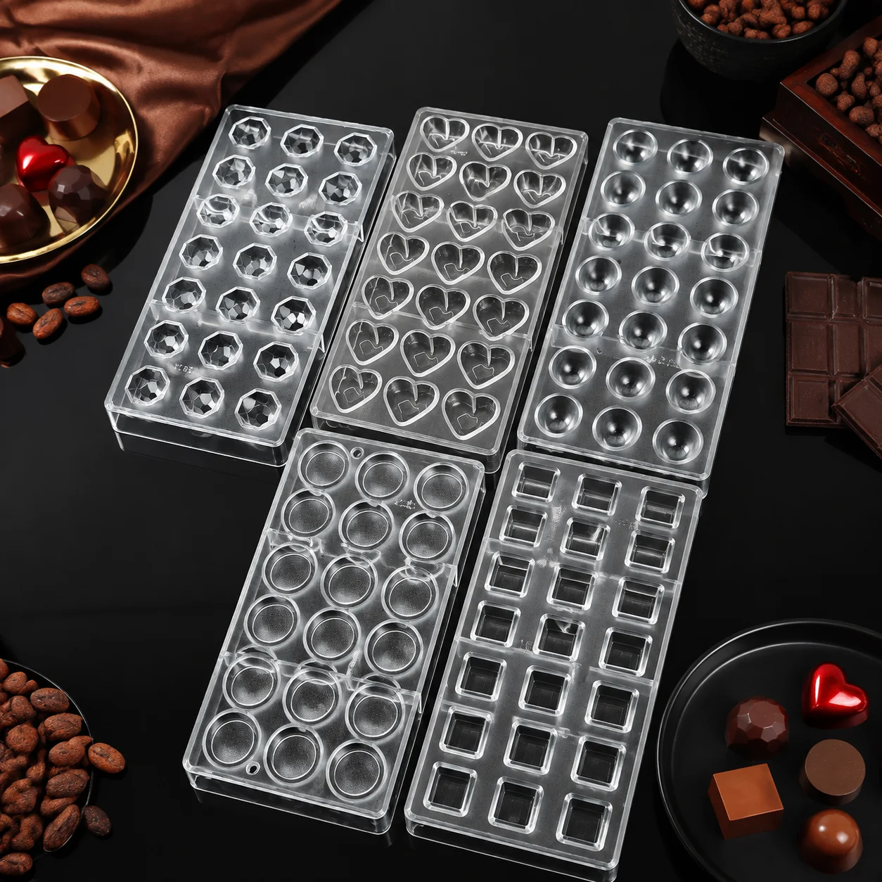 5‑pack-polycarbonate-chocolate-molds-set-3d-heart-round-square-diamond-shape-hard-clear-plastic-mould-diy-pastry-baking-tools