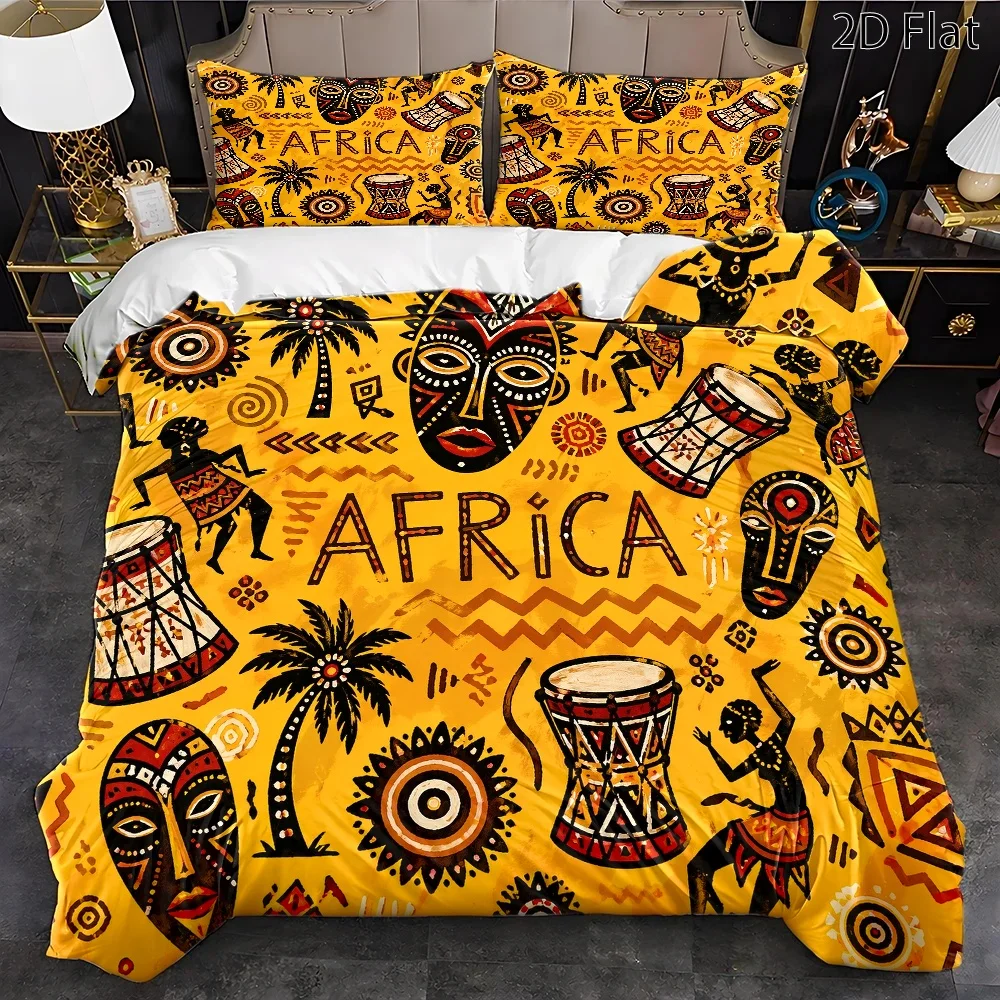 3-Piece African Ethnic Style Bed Set, 1*Duvet Cover + 2*Pillowcases, Suitable for All Seasons, Machine Washable Bedding Set, Invisible Zipper Personal Bed Cover, Universal Large Duvet Cover Set for Home, Dormitory, Master Bedroom, and Guest Room, Includes African Totem Mask and Drum Dance Elements Printed Bedding Set, Retro Art Style Three-Piece Bedding Set