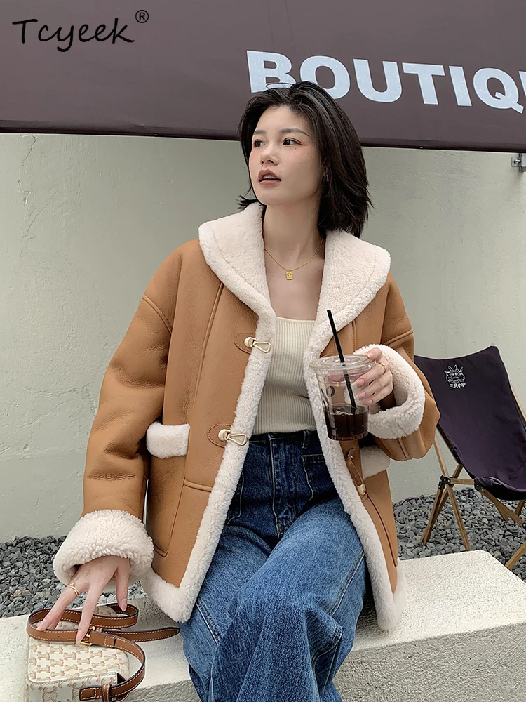 Tcyeek Prawdziwa Wełna Jesień Zima Elegancki Modny Jednolity Kolor Krótki Casualowy Damski Płaszcz z Wełny i Futra Shearling Fourrures Femme