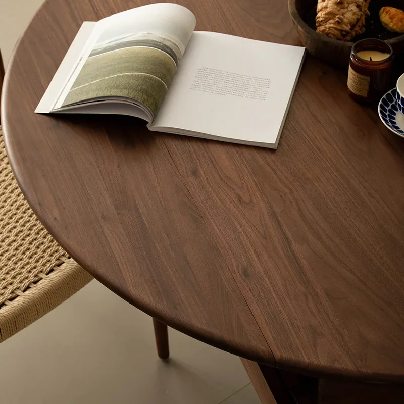 Solid wood folding dining table, black walnut small apartment, Nordic simple dining table for home use, retractable round table