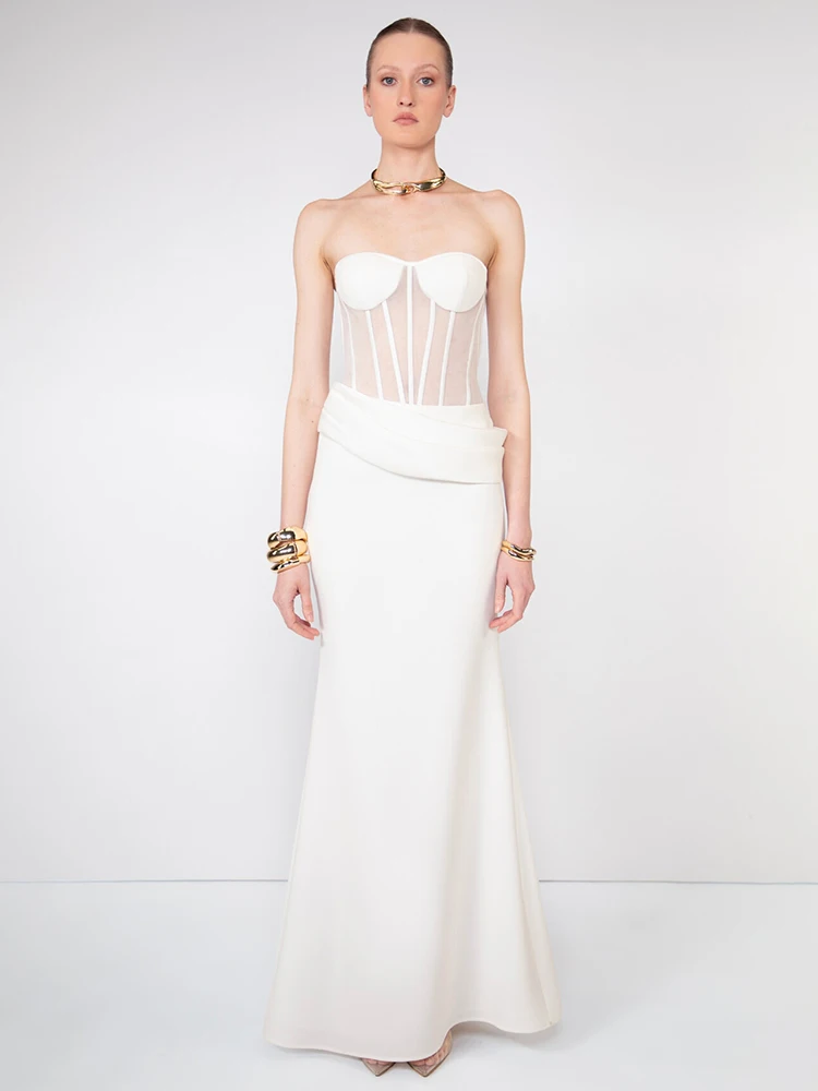 VC Elegante vestido de novia sencillo con corsé blanco – Vestido largo sin tirantes con corpiño transparente para mujer Vestido de compromiso minimalista moderno