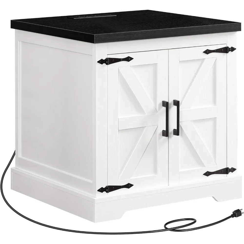 

Farmhouse Nightstand with Charging Station, 24 Large End Table with Barn Door and Adjustable Storage Shelf, Square White Nightst