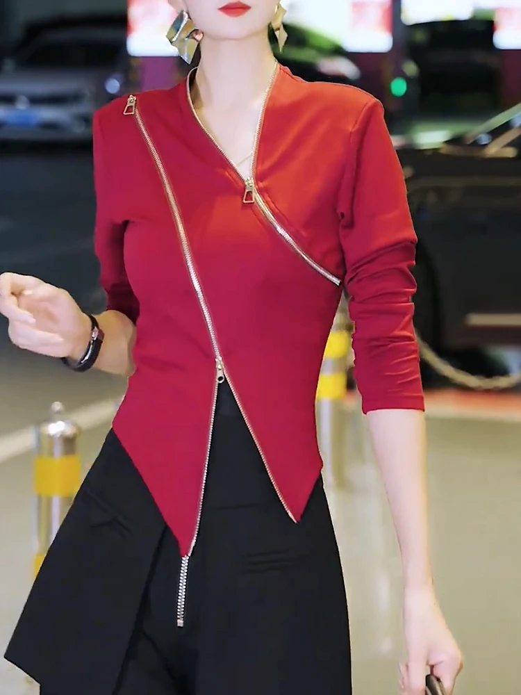 

Ele Faionable Women's Zipper V-ne Top Irregular Design Anti-aging Trendy Street Sle Spring 2025 New Arrival