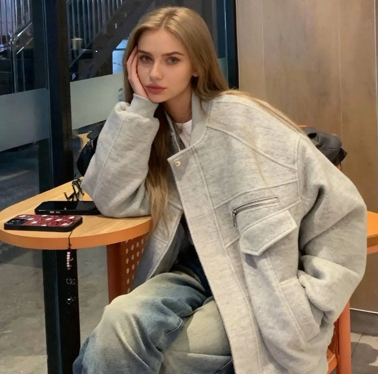 

Wool Blend Coats Womens Woolen Coat Korean Style Woman Fall Flannel Checked Buttoned Stand-Up Collar Foldable Outings College OL