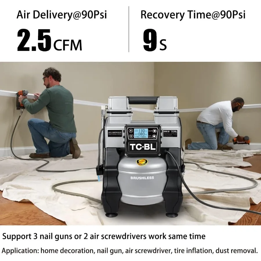 ضاغط هواء 1.3 حصان خالي من الزيت للاستخدام المنزلي والورش: عملية فائقة الهدوء وتصميم خفيف الوزن مع خزان ألومنيوم سعة 2.6 جالون