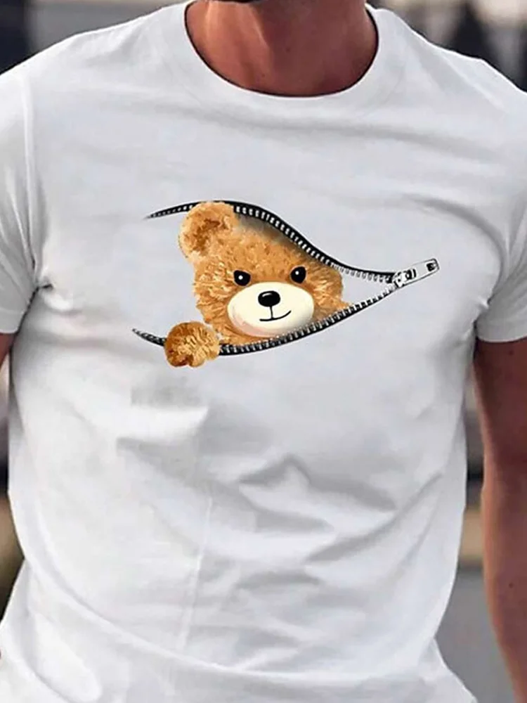 3D Printed Cartoon Bear Pattern Summer Men\'s Casual Cool T-Shirt Outdoor Sports Loose Comfortable Short Sleeve Fashion Tops