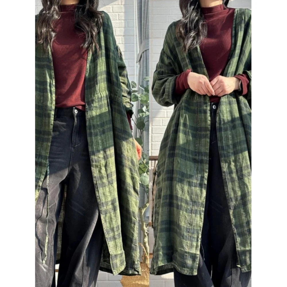 Ethnic Style Vintage Checkered Long Cardigan Loose Linen Windbreaker Women Outerwear Spring Autumn Plaid Dress MCP046