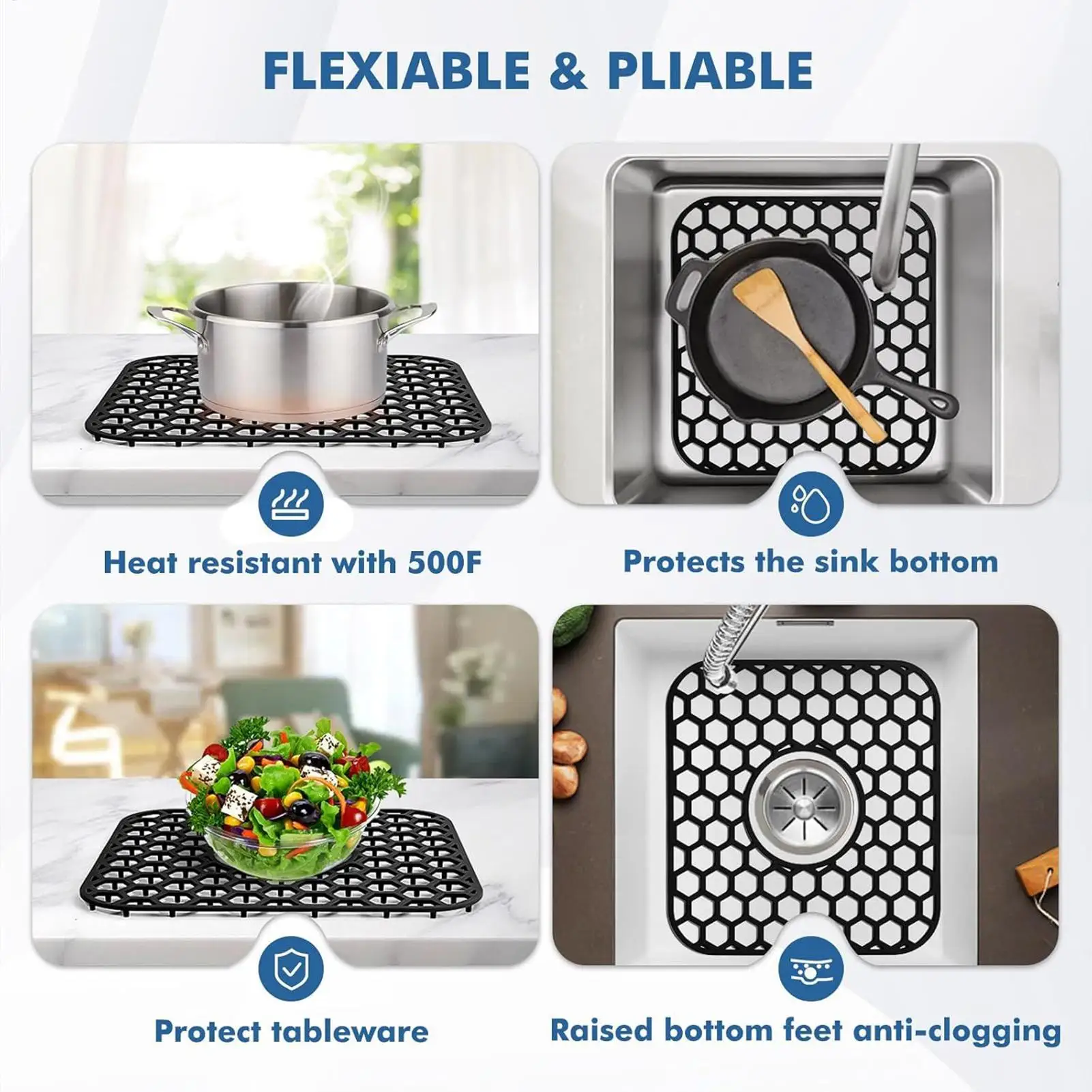 

Защитные коврики для кухонной мойки, нескользящий силиконовый коврик 12x11 дюймов, термостойкая противоскользящая решетка, коврик для раковины для кухонного шкафа на колесах, дома