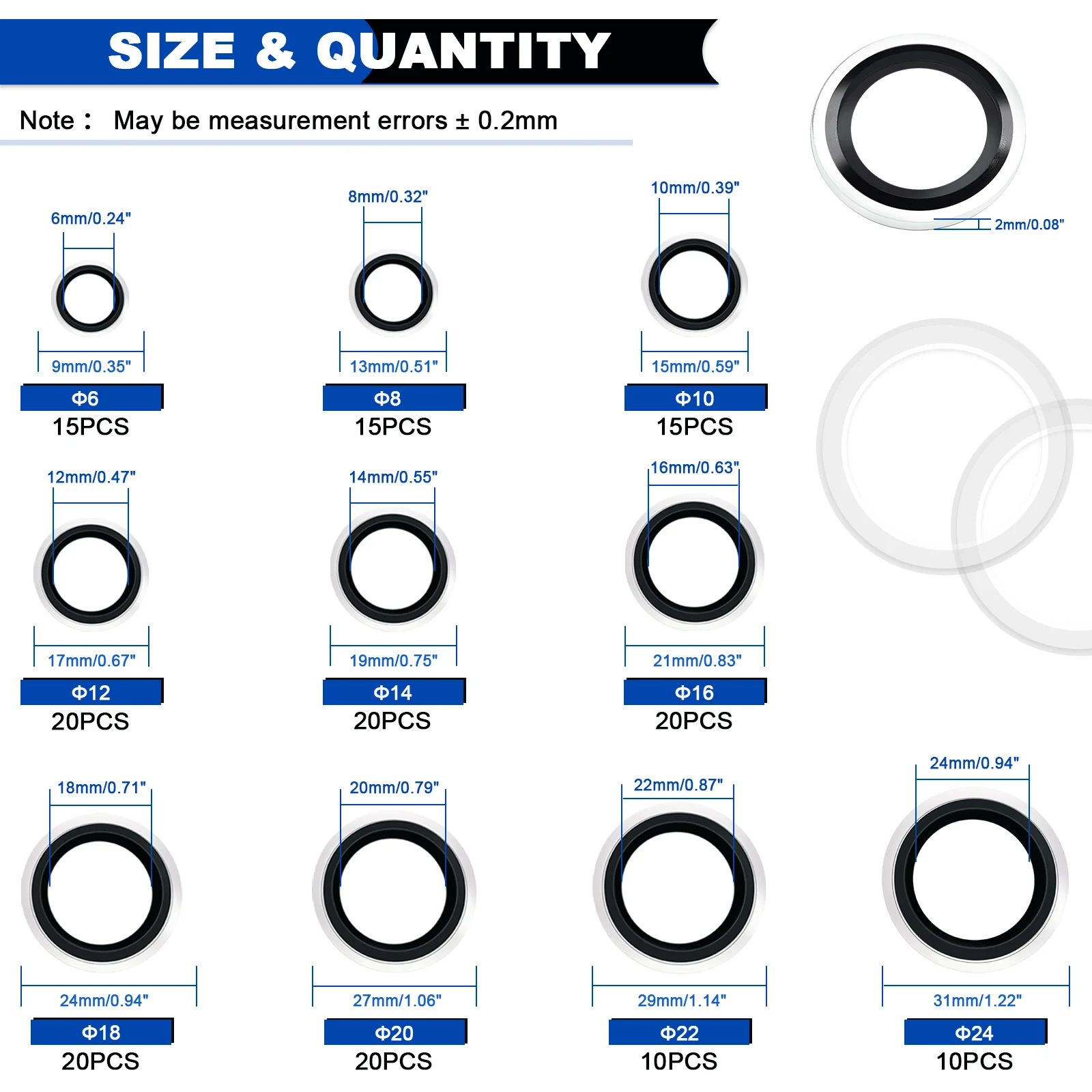 165PCS Bonded Seal Washers, NBR Zinc-Plated Steel Self-Centred Rubber Washers, Automotive Seal Gasket Crush O-Ring Kit M6 to M24