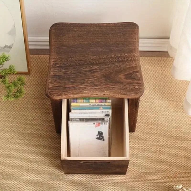 Dark Brown Wooden Shoe Changing Stool with Storage Space Modern Hollow Handle Wabi Sabi Chair No Armrests