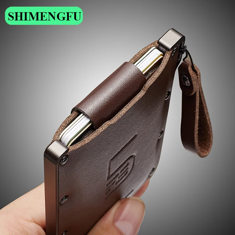 Genuine Leather Credit Card Holder Anti Rfid Aluminum Carteira Masculina Men Wallet Slim Business Cardholder Key Case Coin Purse