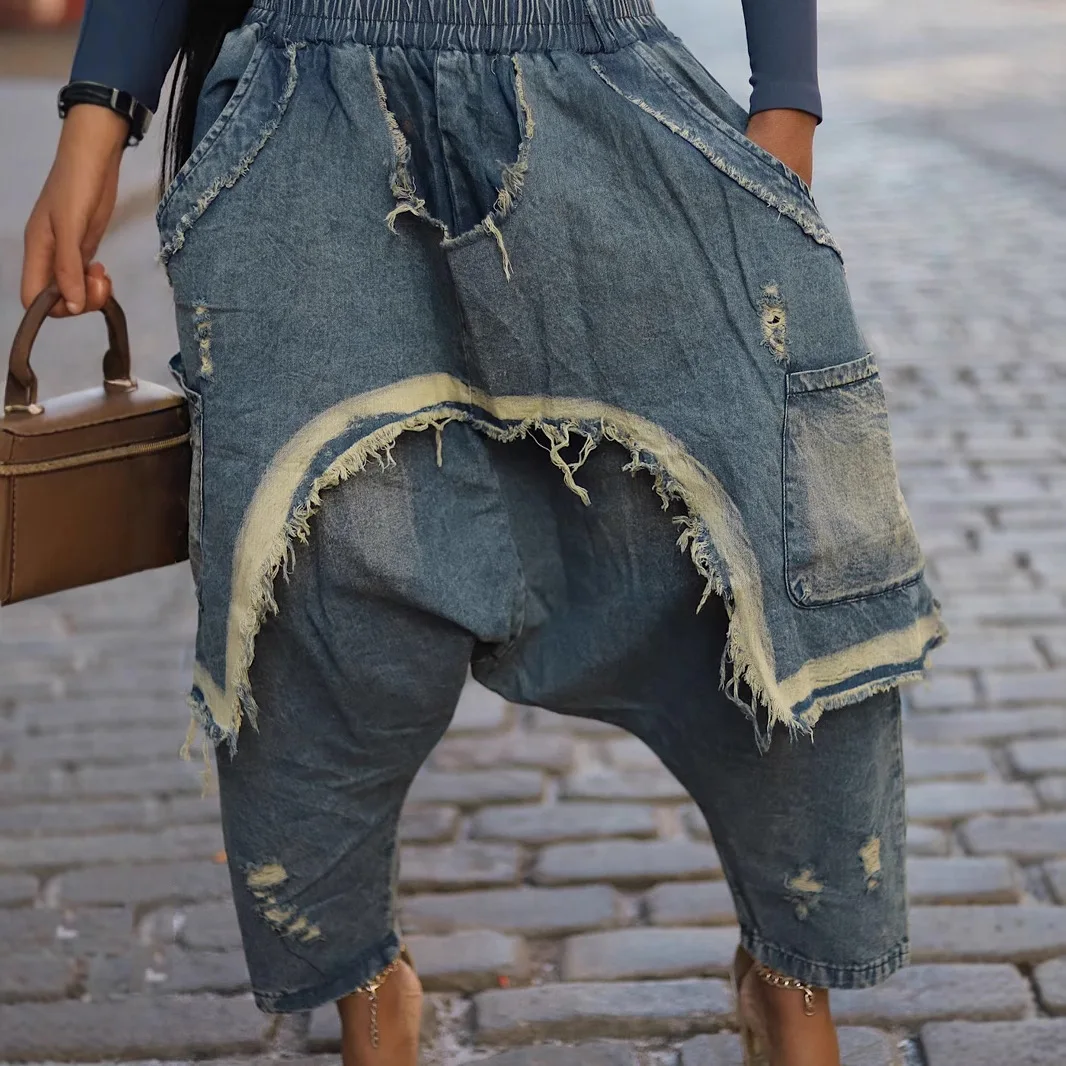 

Women Harem Jeans with Brushed Holes High Street Pockets Denim Trousers Vintage Casual Elastic Waist Jeans for Women's