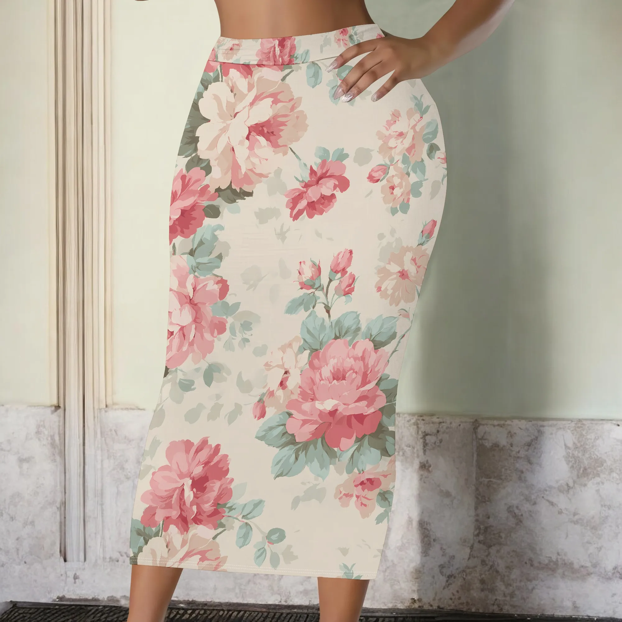 Vintage Floral Midi Skirt, Pink Peony Print Pencil Skirt, High Waist Bodycon Skirt for Women, Summer Office Wear, S-2XL