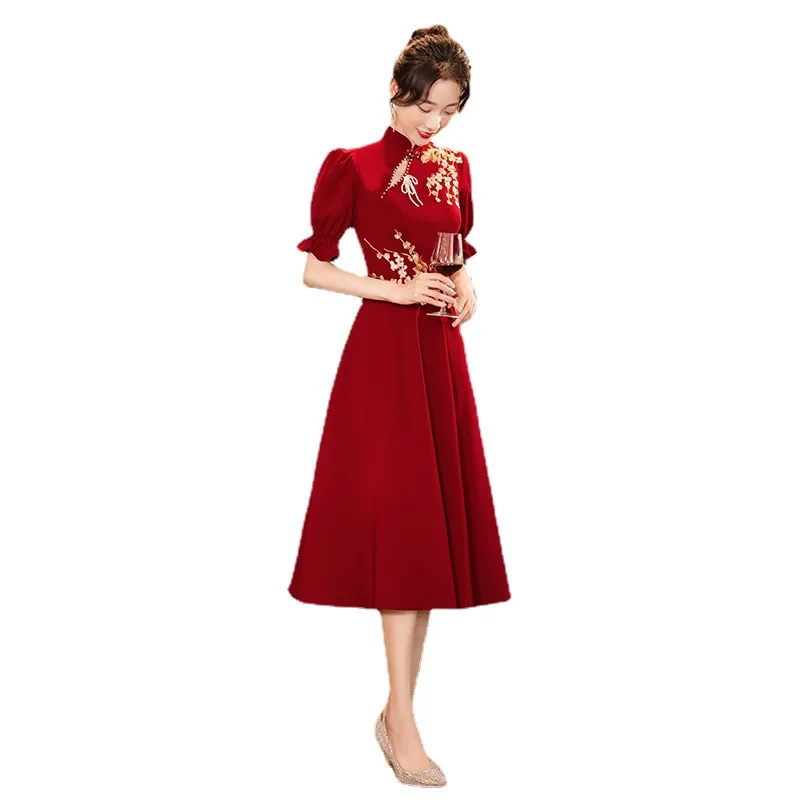 Yourqipao Burgundy Chinese Traditional Cheongsam Wedding Toast Dress Women Large Size Engagement Dress Plus Size Evening Gowns