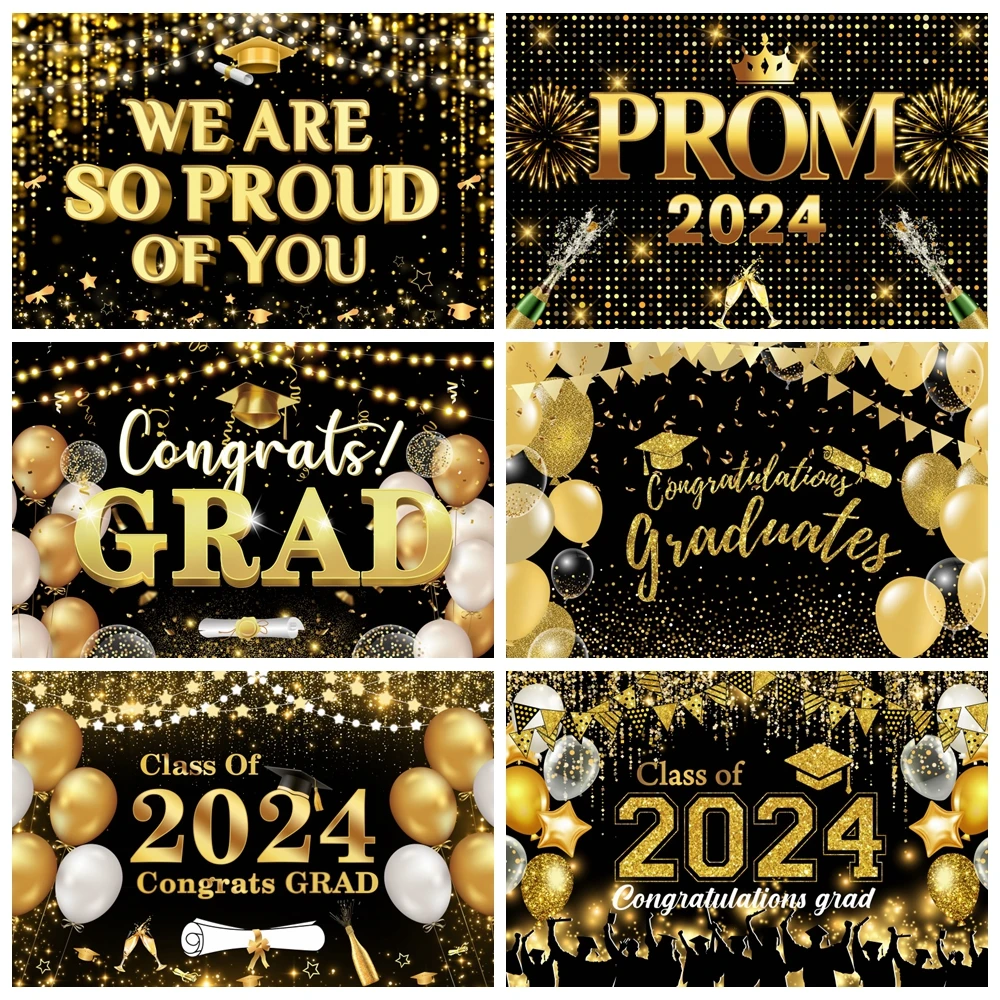 

Happy Graduation Backdrop Golden Glitter Balloon Bachelor Cap Congrates Grad Class of 2024 Graduate Party Photography Background