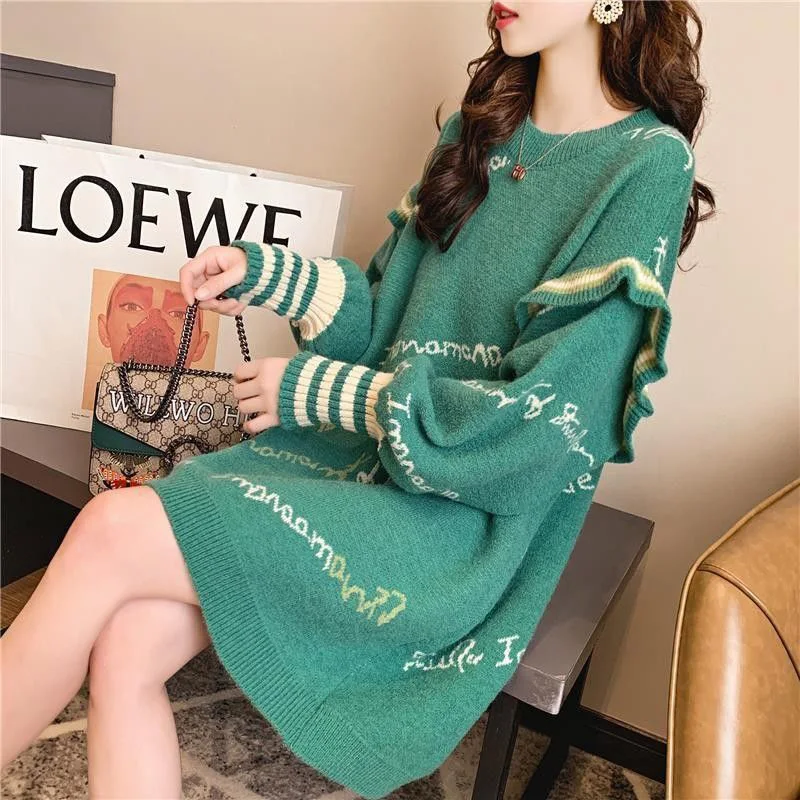 Fashion O-Neck Knitted Spliced Loose Printed Ruffles Mini Dress Female Clothing 2023 Autumn New Long Sleeve Casual Dresses