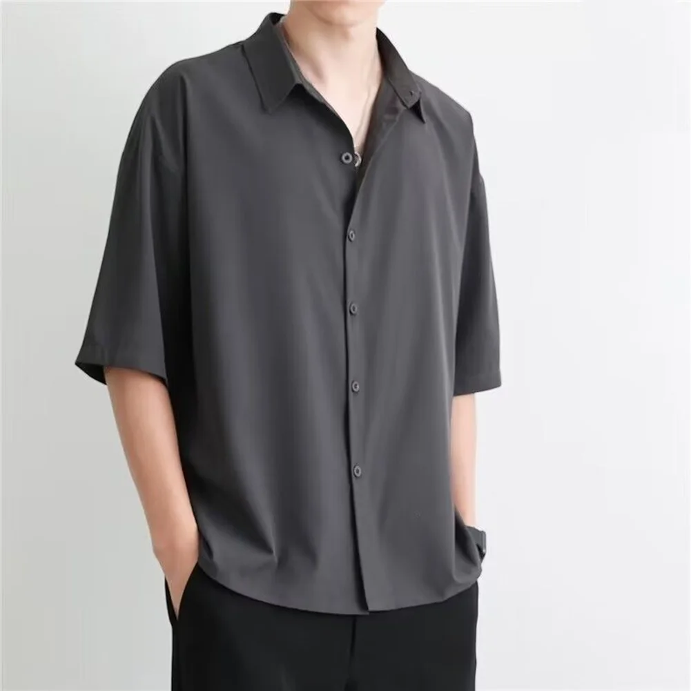 

Button Lapel Mens Retro Shirt Everyday Use Casual Outing Gray Loose Fit Ice Silk Top Comfortable Short Sleeves