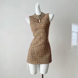 High Quality French Luxury Diamonds Small Fragrance Tweed Dress For Women Vintage Elegant Sleeveless Sexy Short Dresses Vestidos