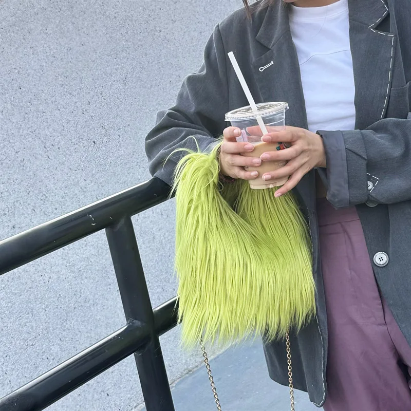 Bolsa fofa de pelúcia fofa para mulheres, cor doce, longa, luxo, designer, ombro, tiracolo, quente, macio